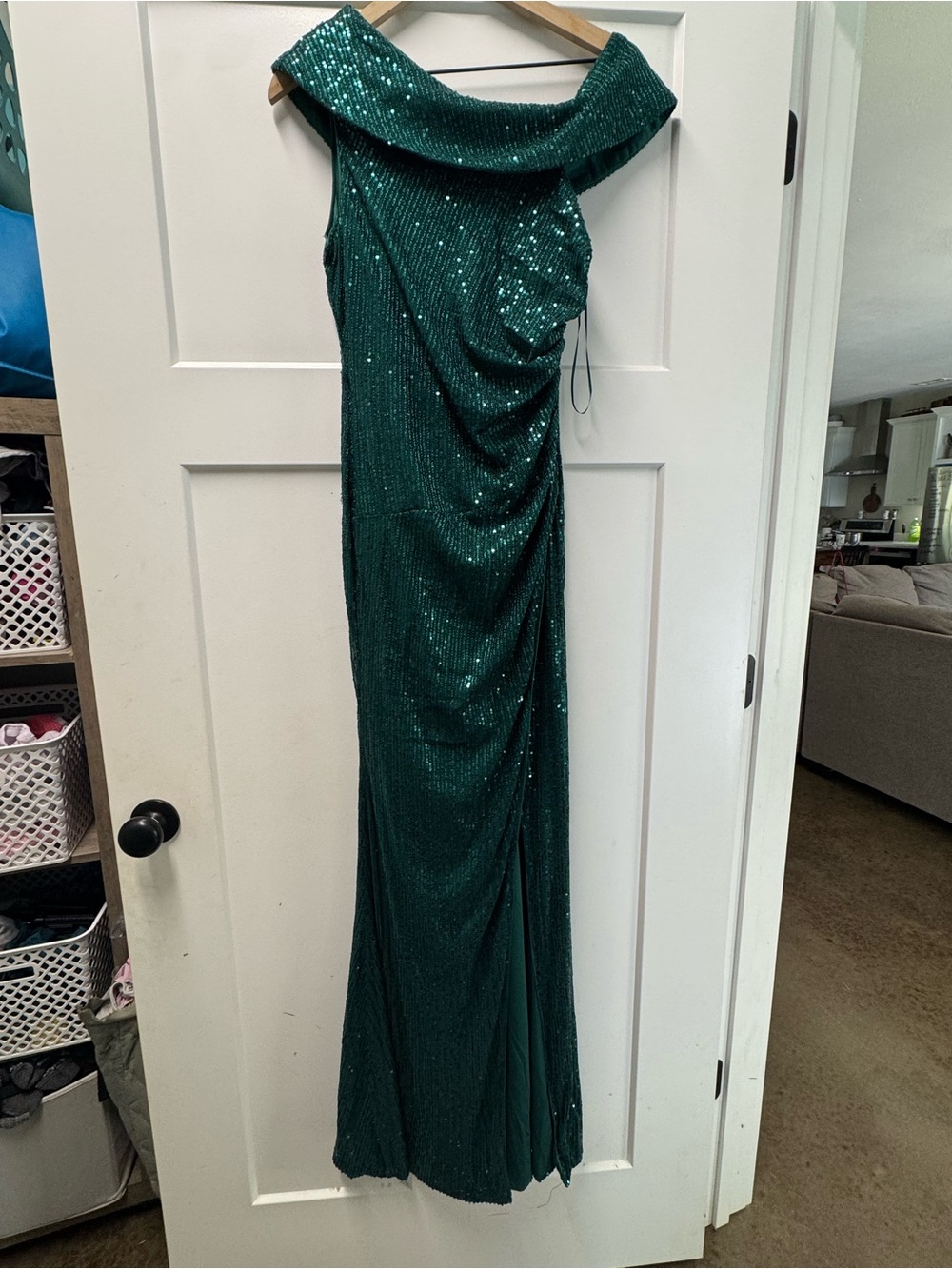 Sequined Emerald Off-Shoulder Prom Gown
